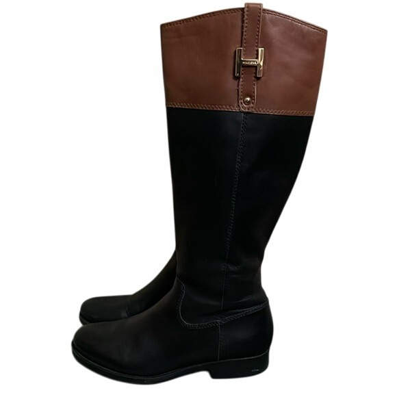 Tommy Hilfiger Riding Boots Knee High Two Tone Brown Black Leather - Picture 1 of 11